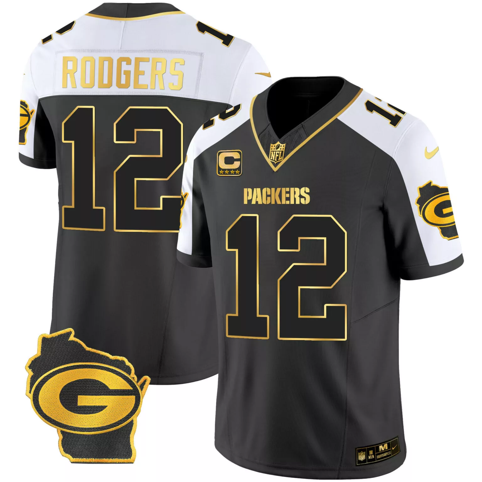 Aaron Rodgers 12 Packers Jersey Black Wisconsin State Shape Men Alternate Split Design