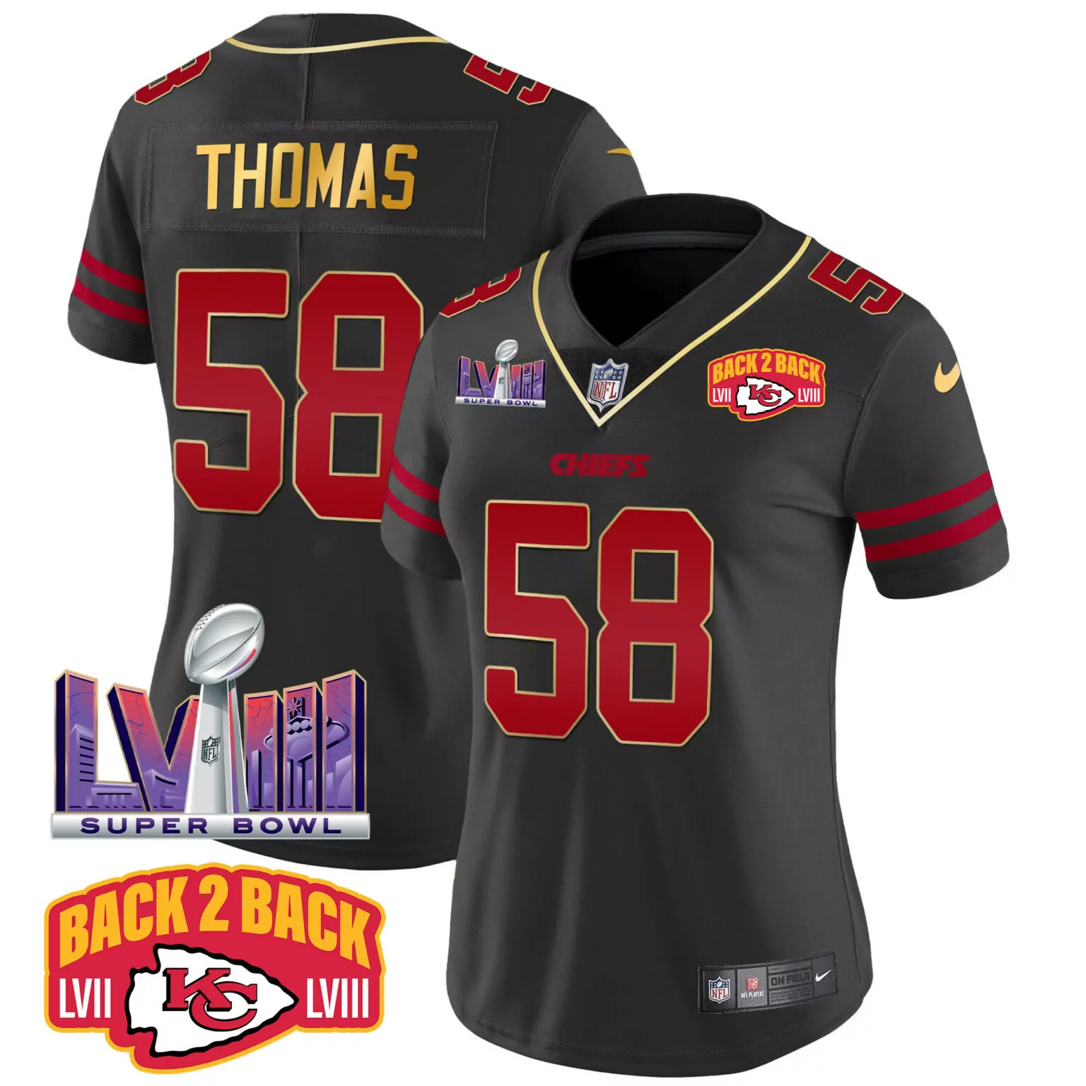Derrick Thomas 58 Chiefs Jersey Black Super Bowl Champions Lviii Lvii Men Red Gold