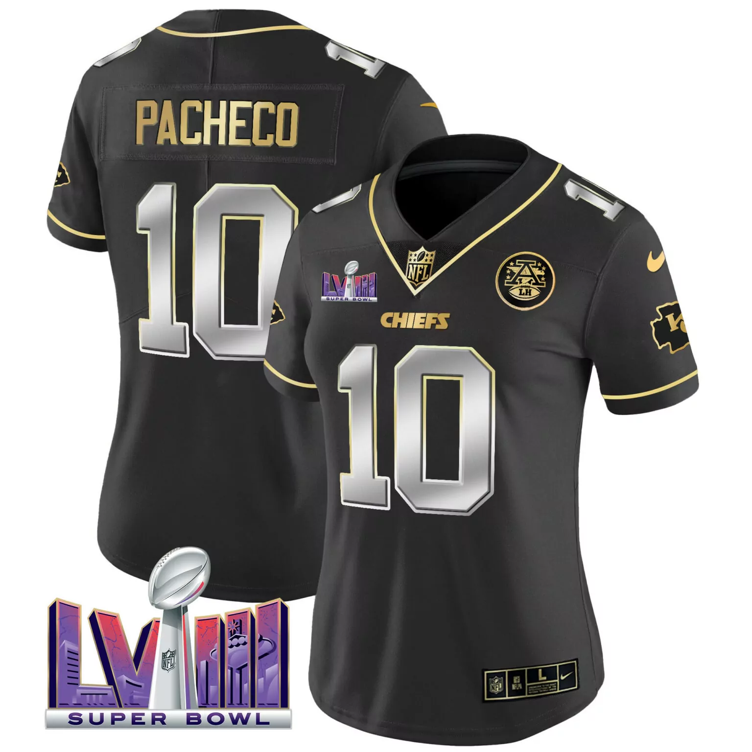 Isiah Pacheco 10 Chiefs Jersey Black Super Bowl Lvii Men Player Gold Silver v4 All