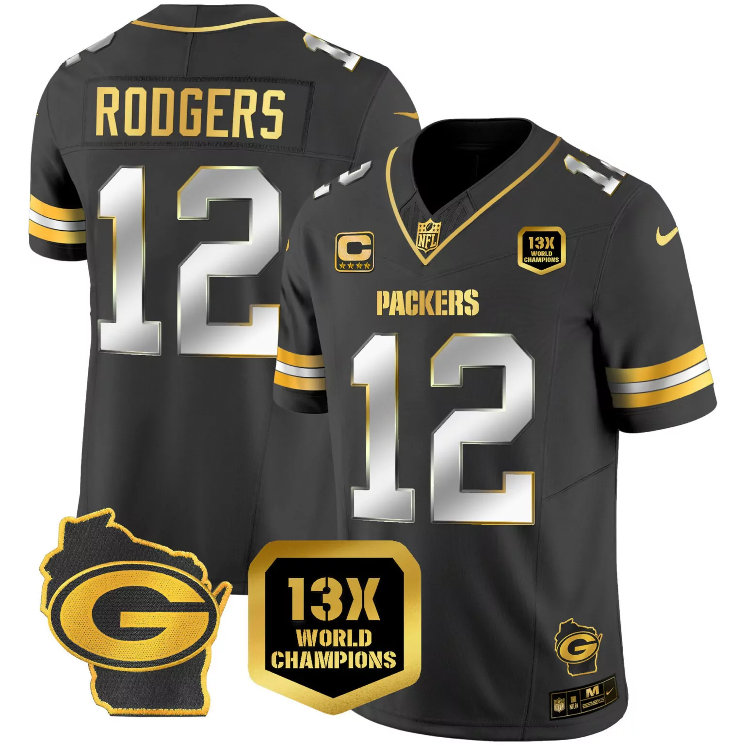 Aaron Rodgers 12 Packers Jersey Black 13X World Champions Wisconsin Outline 'g' Badge