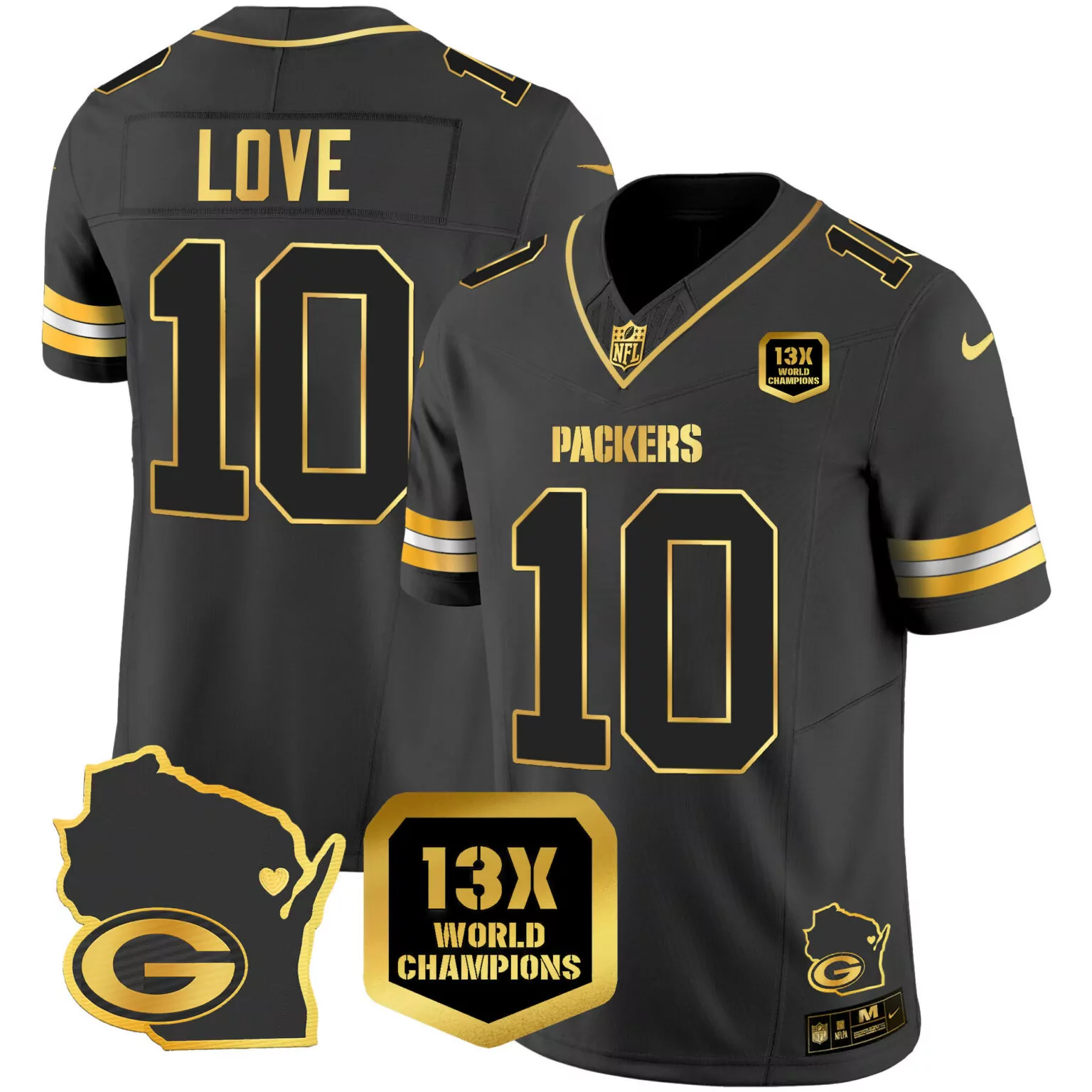 Love 10 Packers Jersey Black Wisconsin State Outline 13X World Champions Men Alternate