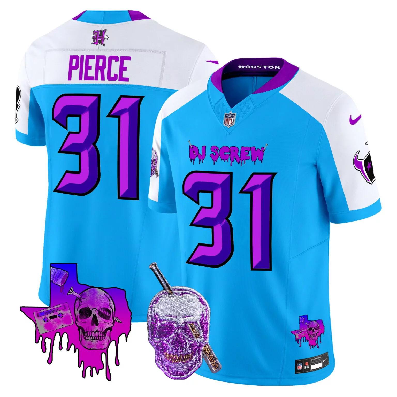 Dameon Pierce 31 Houston Texans Jersey Light Blue Dj Screw Texas Skull Cassette Tape