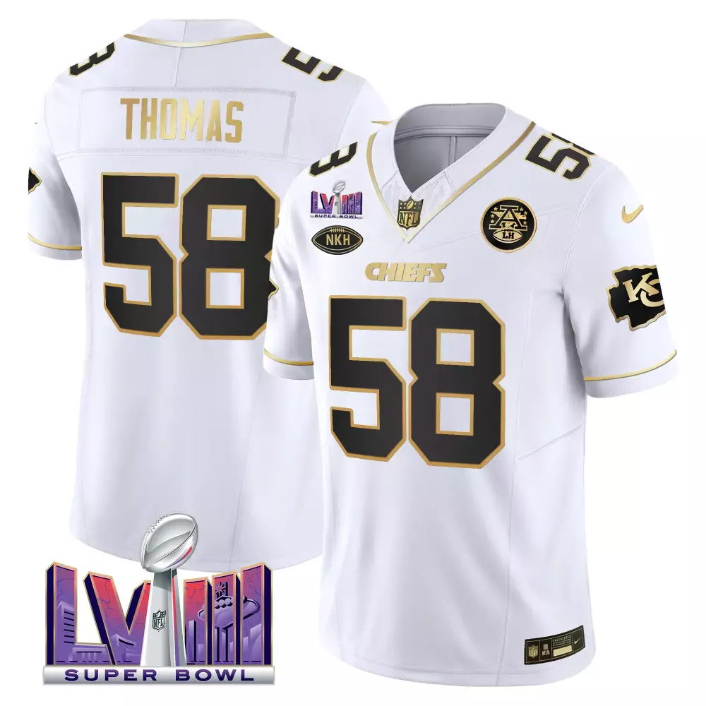Patrick Mahomes 58 Chiefs Jersey White Super Bowl Lviii Men Standard Gold Black Vapor