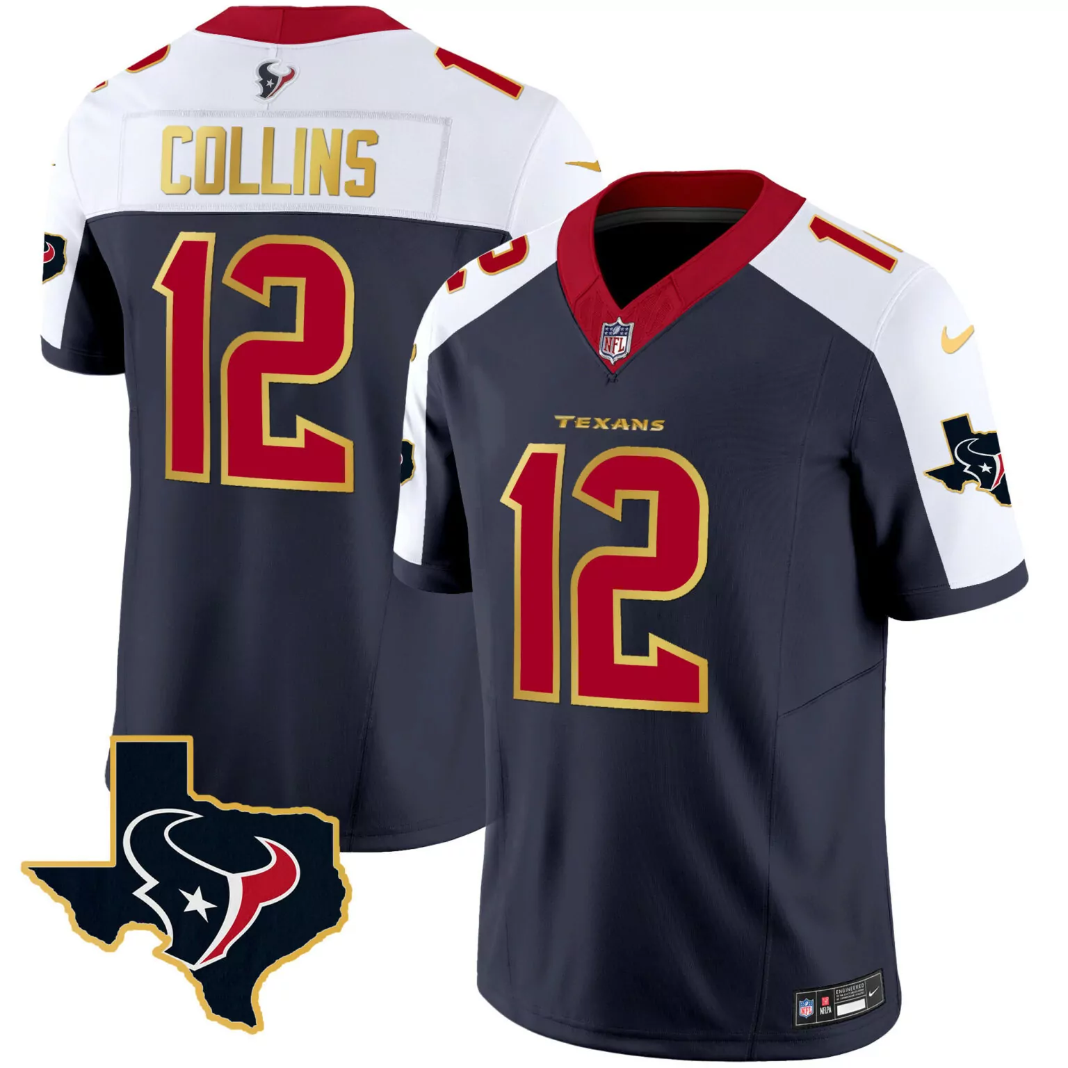 Nico Collins 12 Texans Jersey Navy Men Player Red White Gold Alternate All Stitched