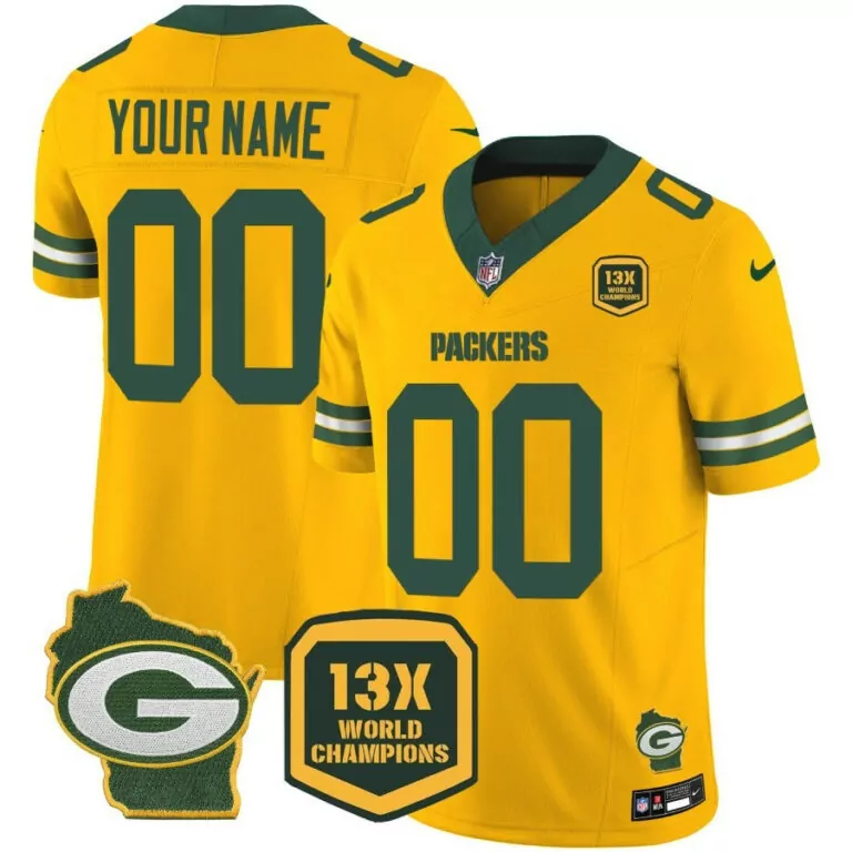 Custom Packers Jersey Yellow 13X World Champions Men Green Home Vapor All Stitched