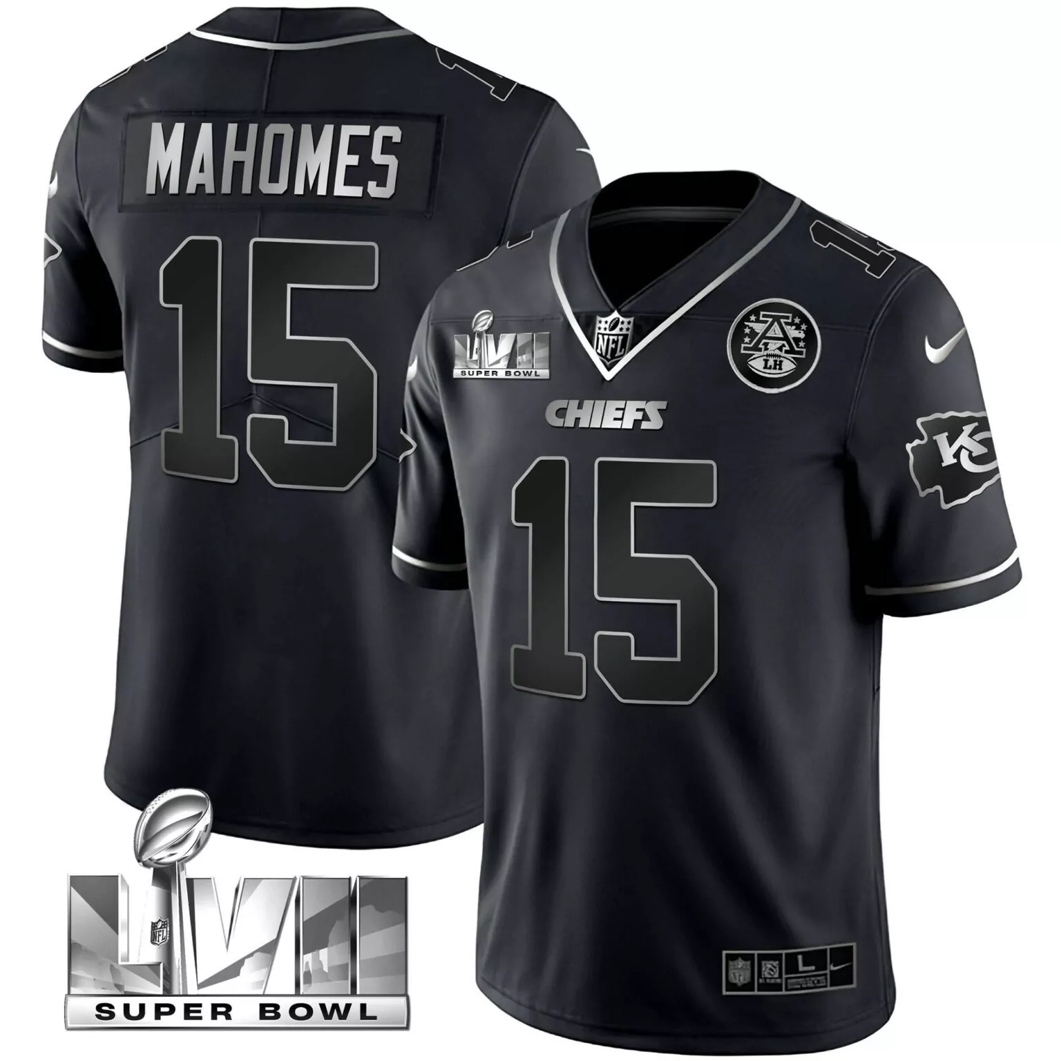 Patrick Mahomes 15 Chiefs Jersey Black Super Bowl Lvii Men Standard Silver Vapor