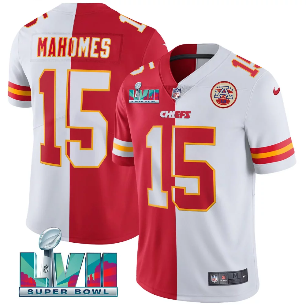 Patrick Mahomes 15 Chiefs Jersey Red Super Bowl Lvi Men Split Design White Yellow