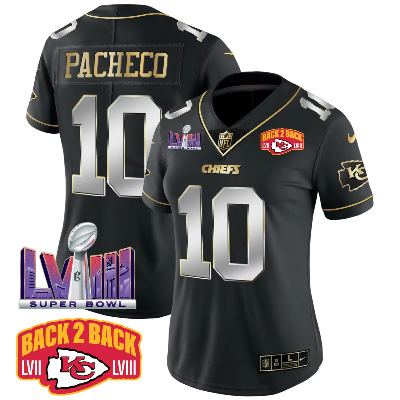 Isiah Pacheco 10 Chiefs Jersey Black Super Bowl Lvii Lviii 2023 Women Gold Silver
