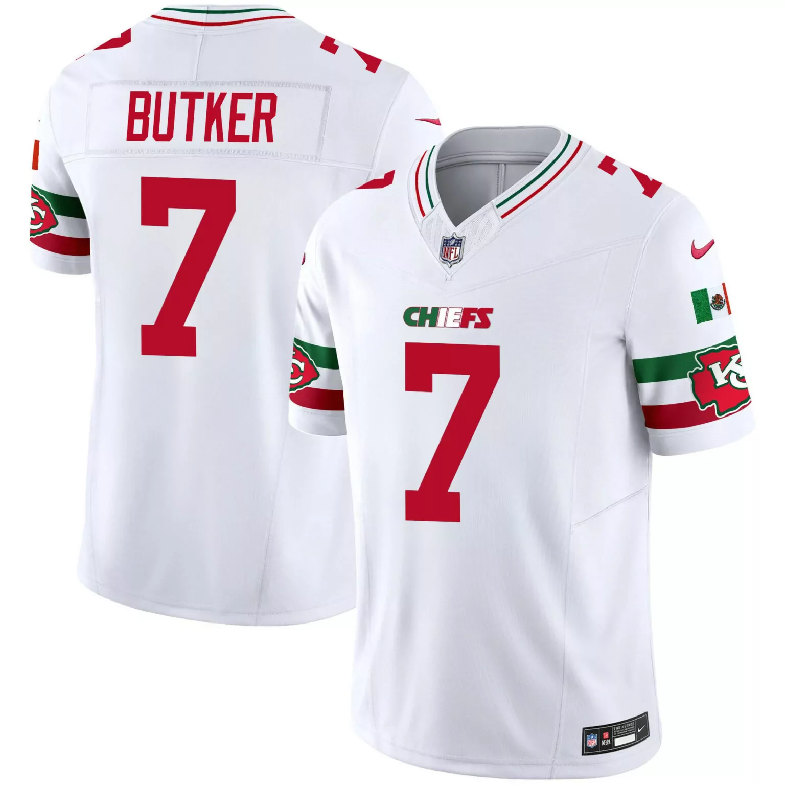 Harrison Butker 7 Chiefs Jersey White Mexico Flag Men Red Green All Stitched