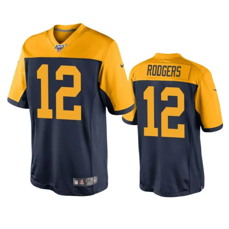 Aaron Rodgers 12 Jersey Navy Blue Green Bay Packers Men Nfl_jersey Split Gold Throwback