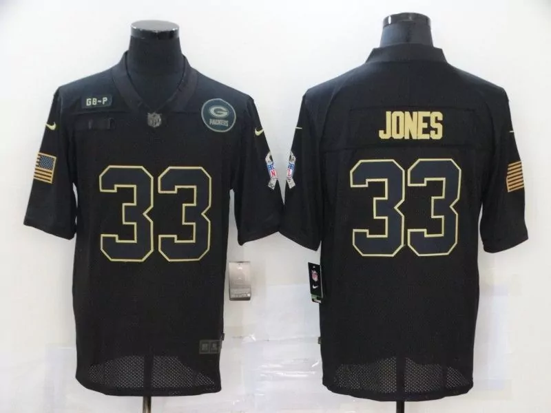 Aaron Jones 33 Green Bay Packers Jersey Black Gb-p American Flag Men Short Sleeve