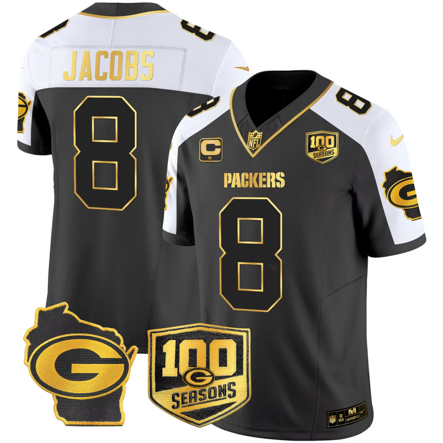 Josh Jacobs 8 Packers Jersey Black 100 Seasons Wisconsin State Men Alternate White