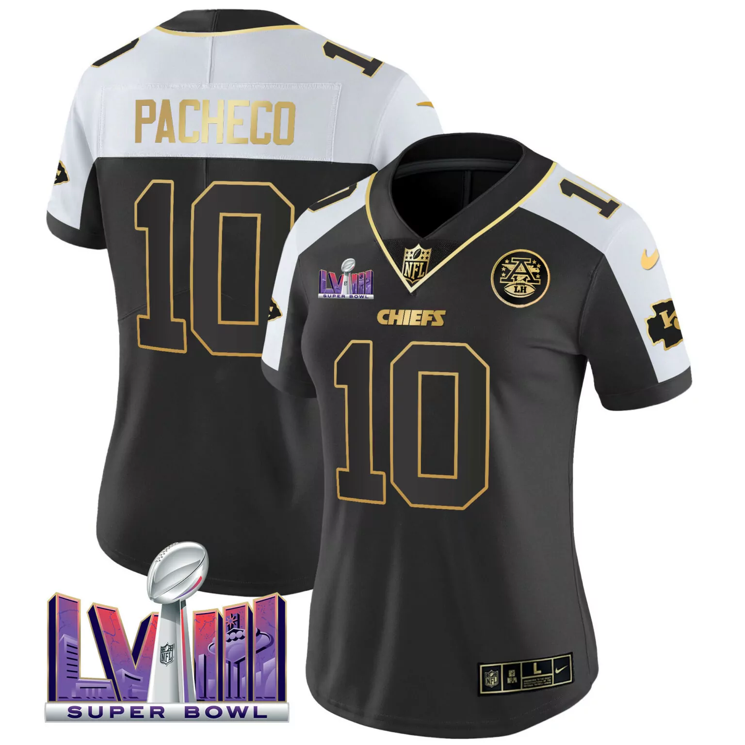 Isiah Pacheco 10 Chiefs Jersey Black Super Bowl Lviii Men Player Alternate Split Design