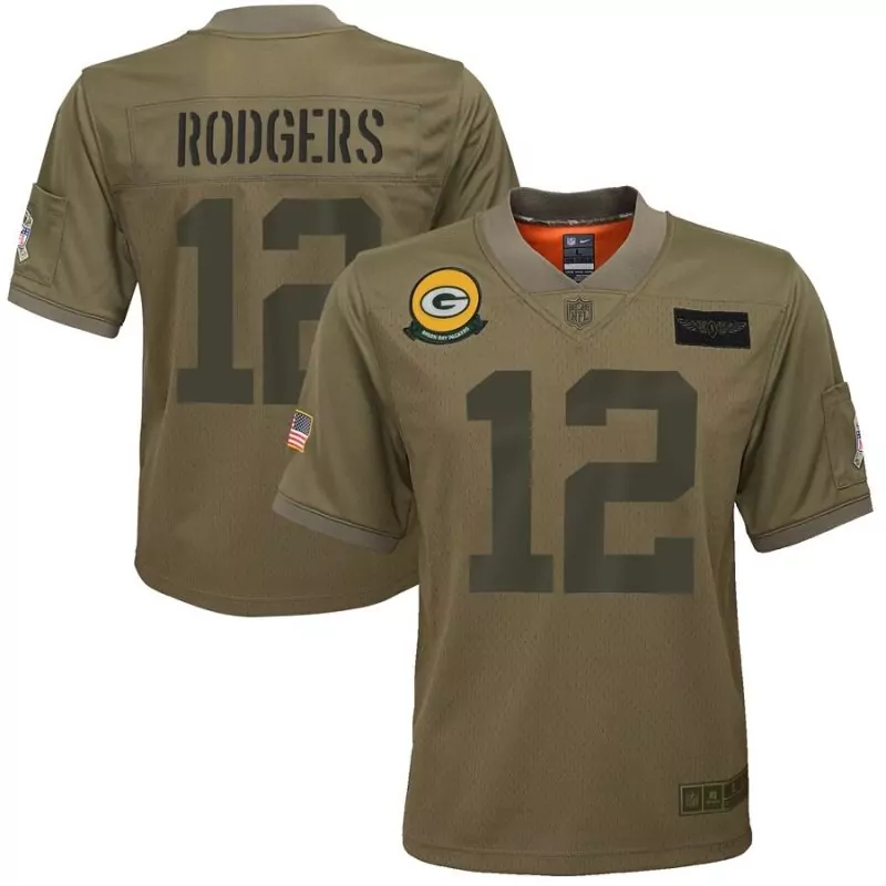 Aaron Rodgers 12 Jersey Olive Green Salute To Service Bay Packers American Flag 2022