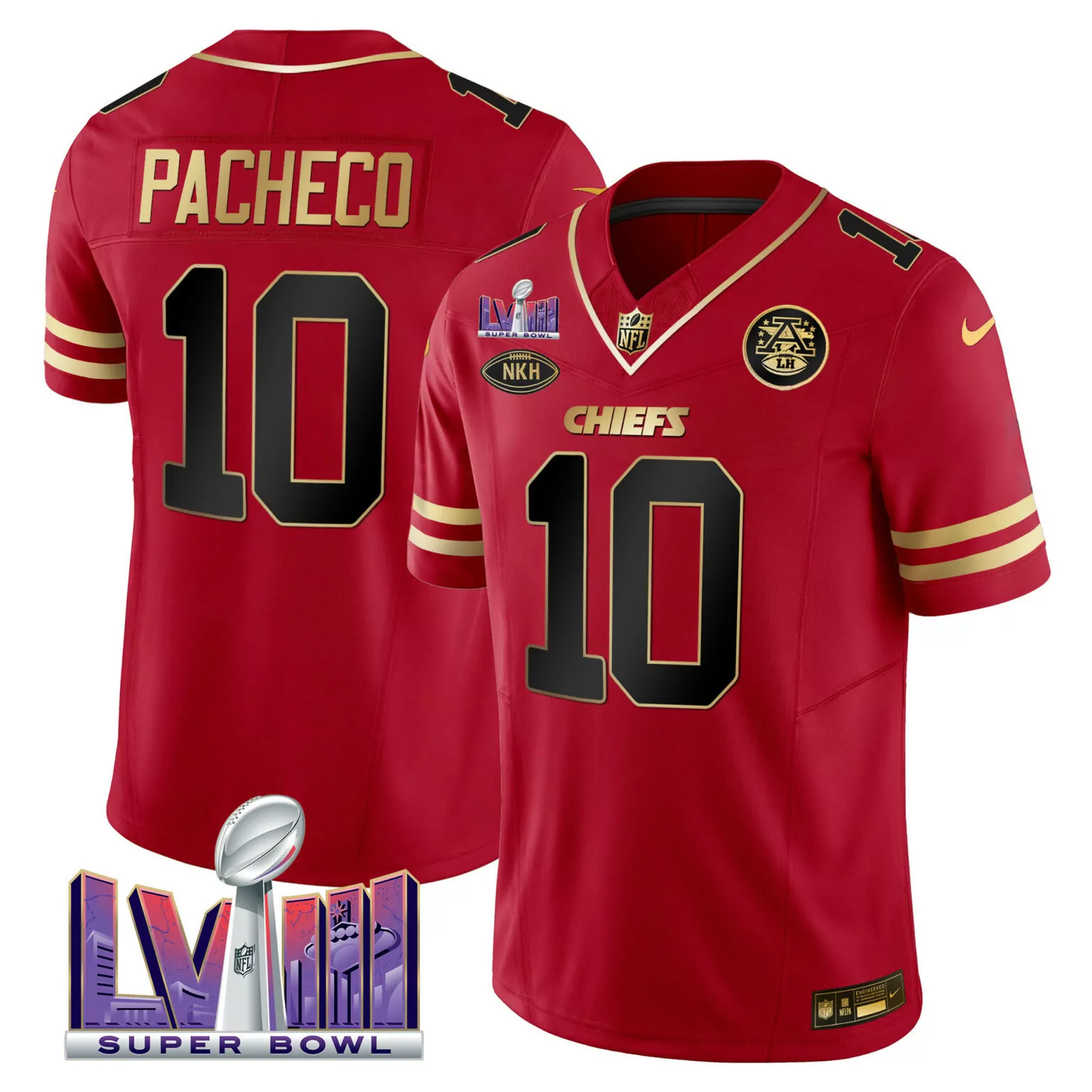 Isiah Pacheco 10 Chiefs Jersey Red Super Bowl Lviii Nkh Men Gold Black v2 All Stitched