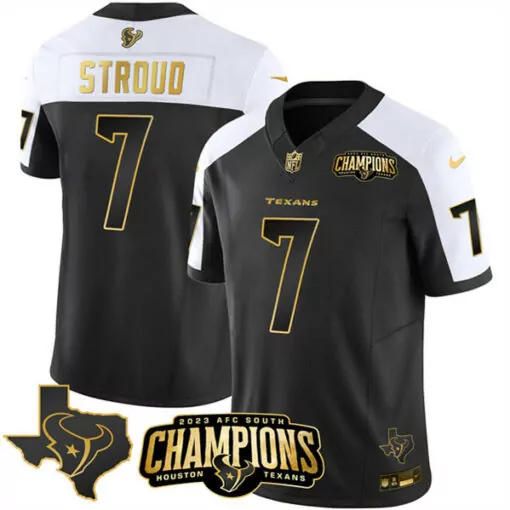 C.j. Stroud 7 Texans Jersey Black 2023 AFC South Champions Men White Gold Stitched