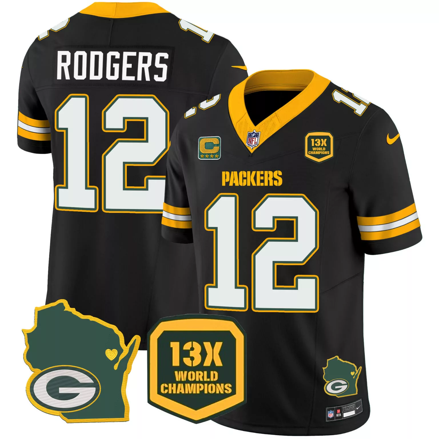 Aaron Rodgers 12 Packers Jersey Black 13X World Champions Wisconsin State Outline