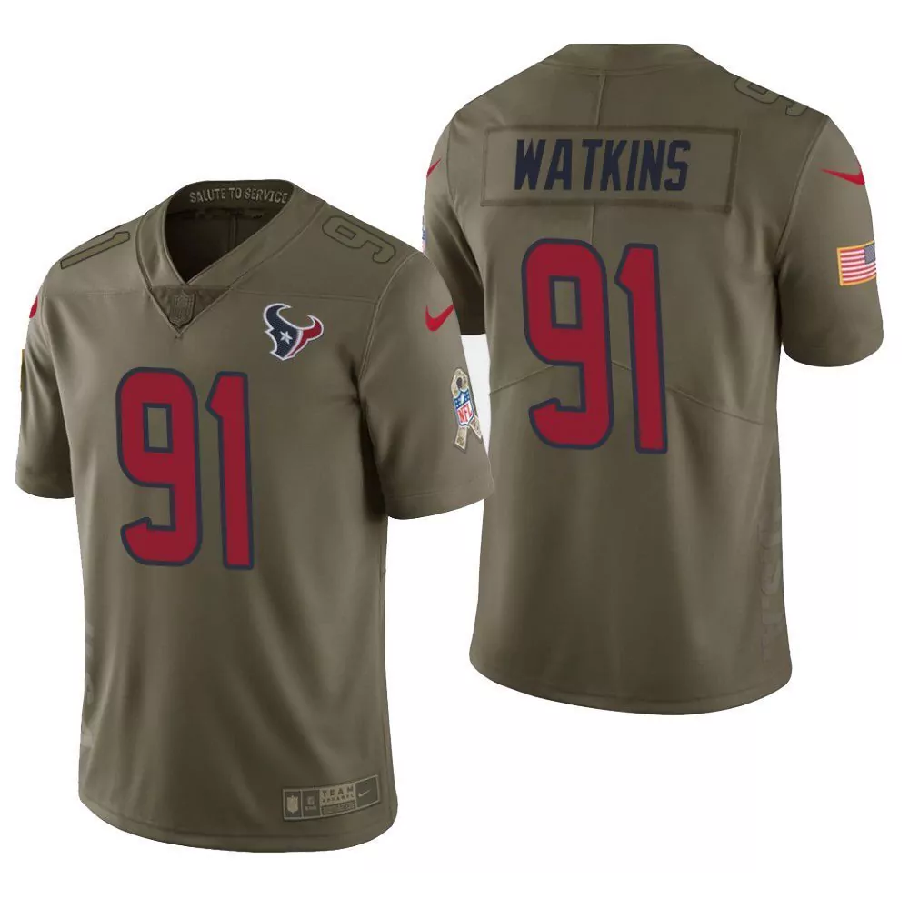 Carlos Watkins 91 Houston Texans Jersey Olive Green Salute To Service Men NFL Alternate