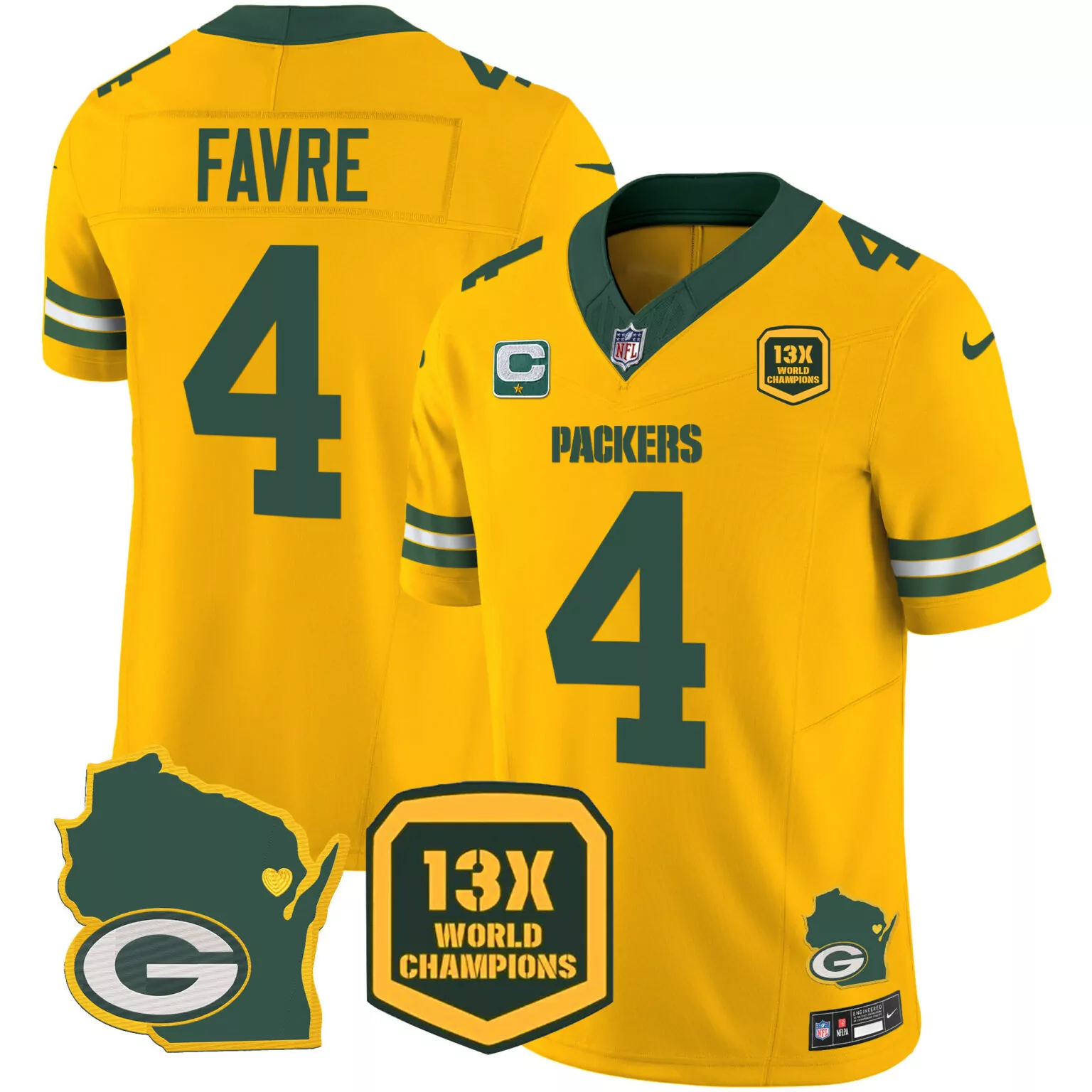 Brett Favre 4 Packers Jersey Yellow 13X World Champions Wisconsin Outline Badge Men