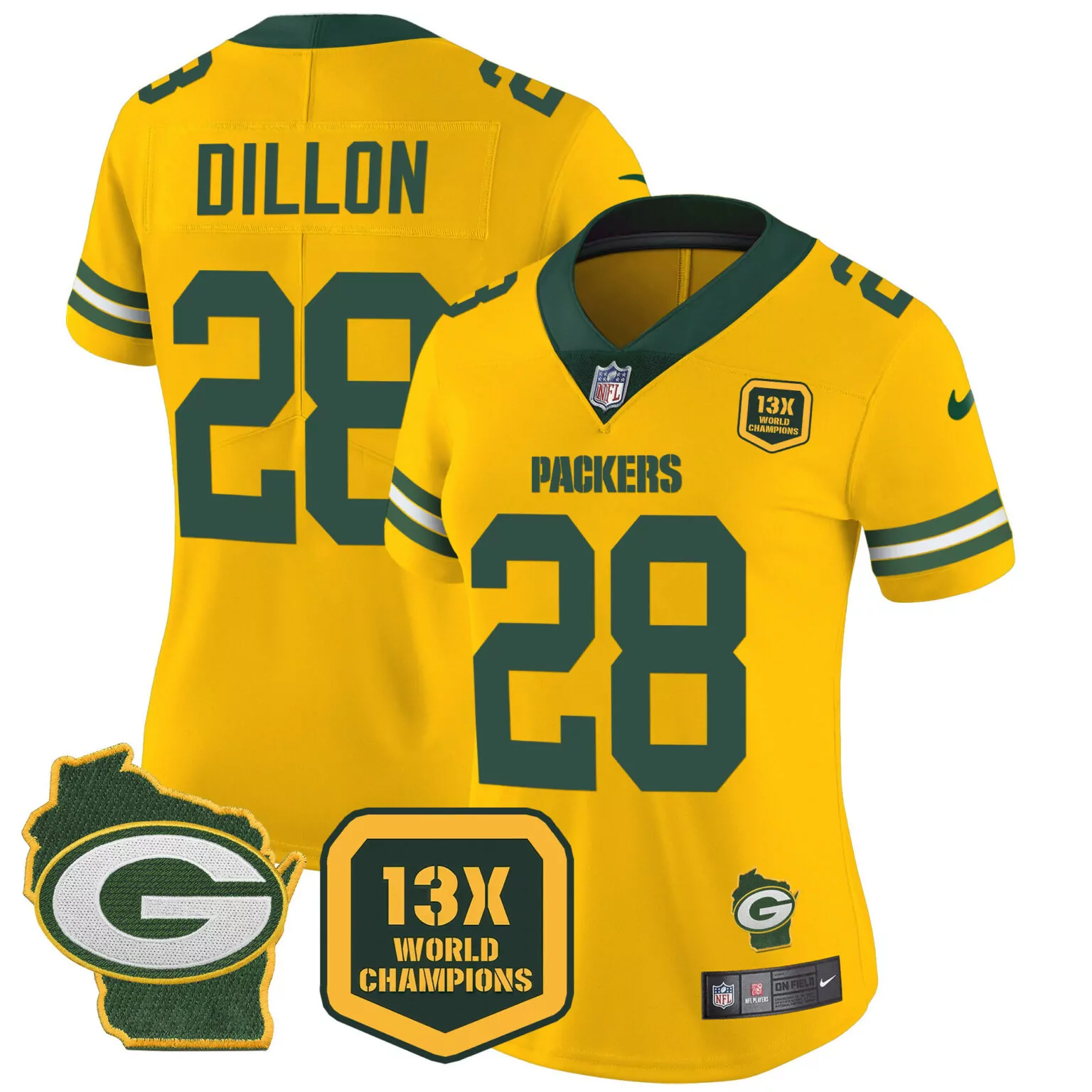 Aj Dillon 28 Packers Jersey Yellow 13x World Champions Badge Wisconsin State Team