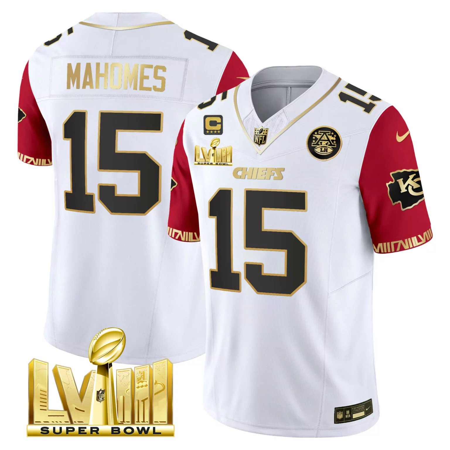 Patrick Mahomes 15 Chiefs Jersey White Super Bowl Lvii (captain Patch) Men Player