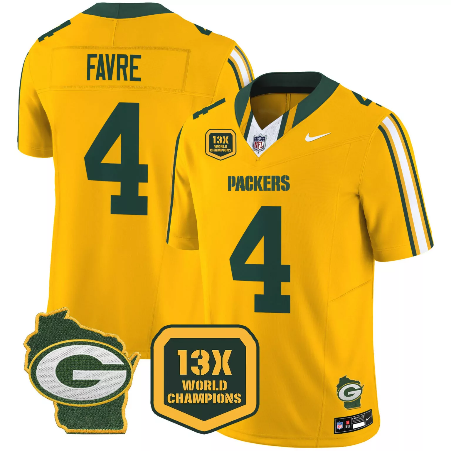 Brett Favre 4 Packers Jersey Yellow 13x World Champions Wisconsin Shape Badge Men