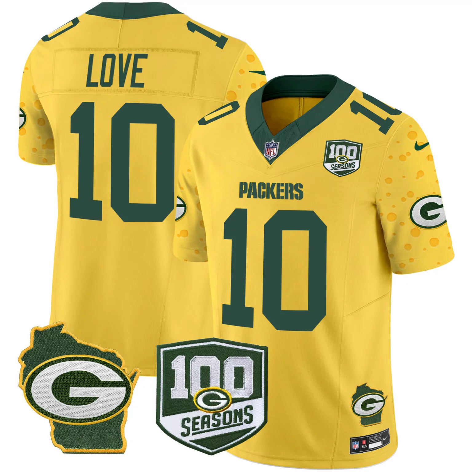 Love 10 Packers Jersey Yellow 100 Seasons Wisconsin Outline Men Green Home All Stitched