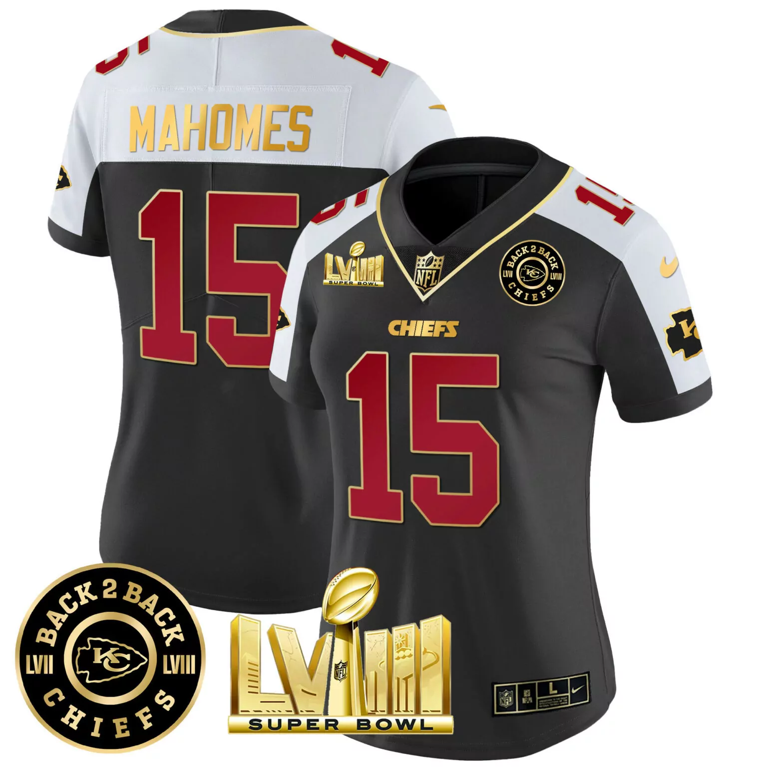 Patrick Mahomes 15 Chiefs Jersey Black Super Bowl Lviii Champions Lvii 2023 Men Player