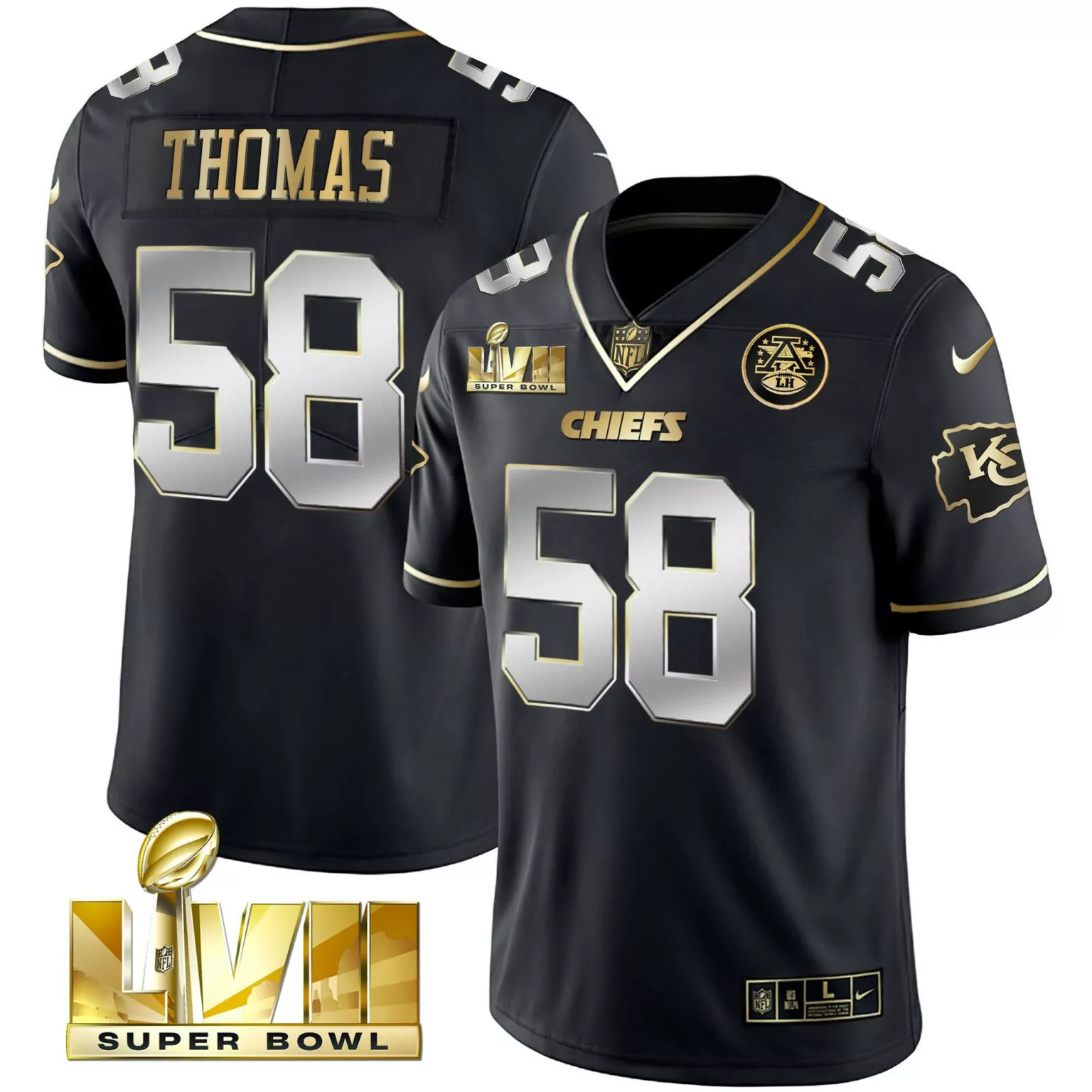 Derrick Thomas 58 Chiefs Jersey Black Super Bowl Lvii 2021 Men Gold Silver Vapor