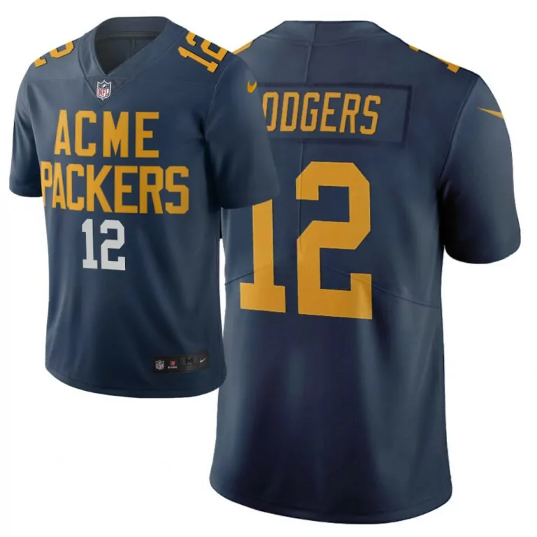 Aaron Rodgers 12 Jersey Navy Blue Green Bay Packers Men Yellow Stitched