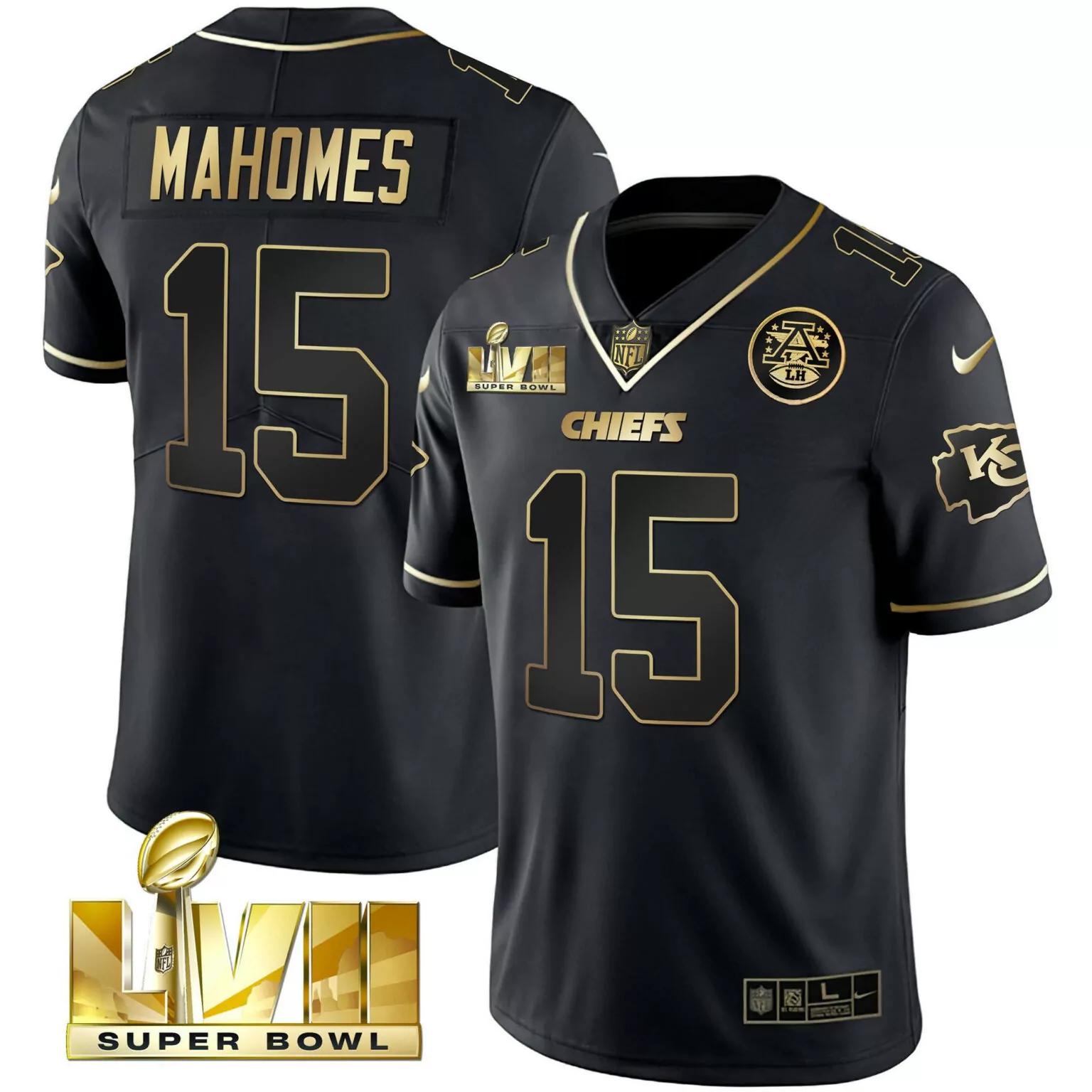 Patrick Mahomes 15 Chiefs Jersey Black Super Bowl Lvii Men Player Gold Vapor v2 All