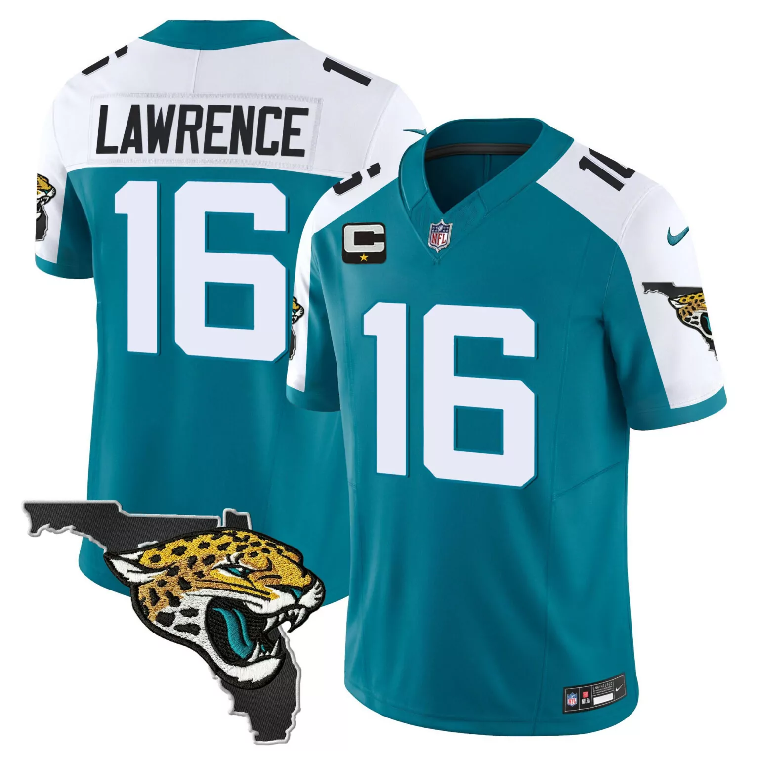 Trevor Lawrence 16 Jersey Teal 2024 Nike NFL On Field Jacksonville Jaguars Florida Outline Jaguar Head