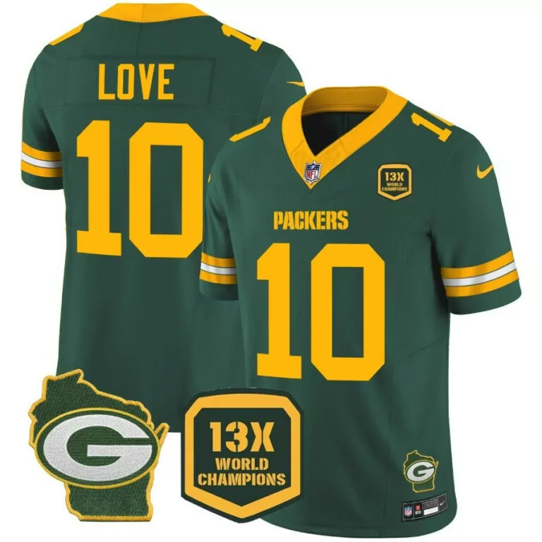 Love 10 Packers Jersey Green 13X World Champions Wisconsin Shape Badge Men Yellow