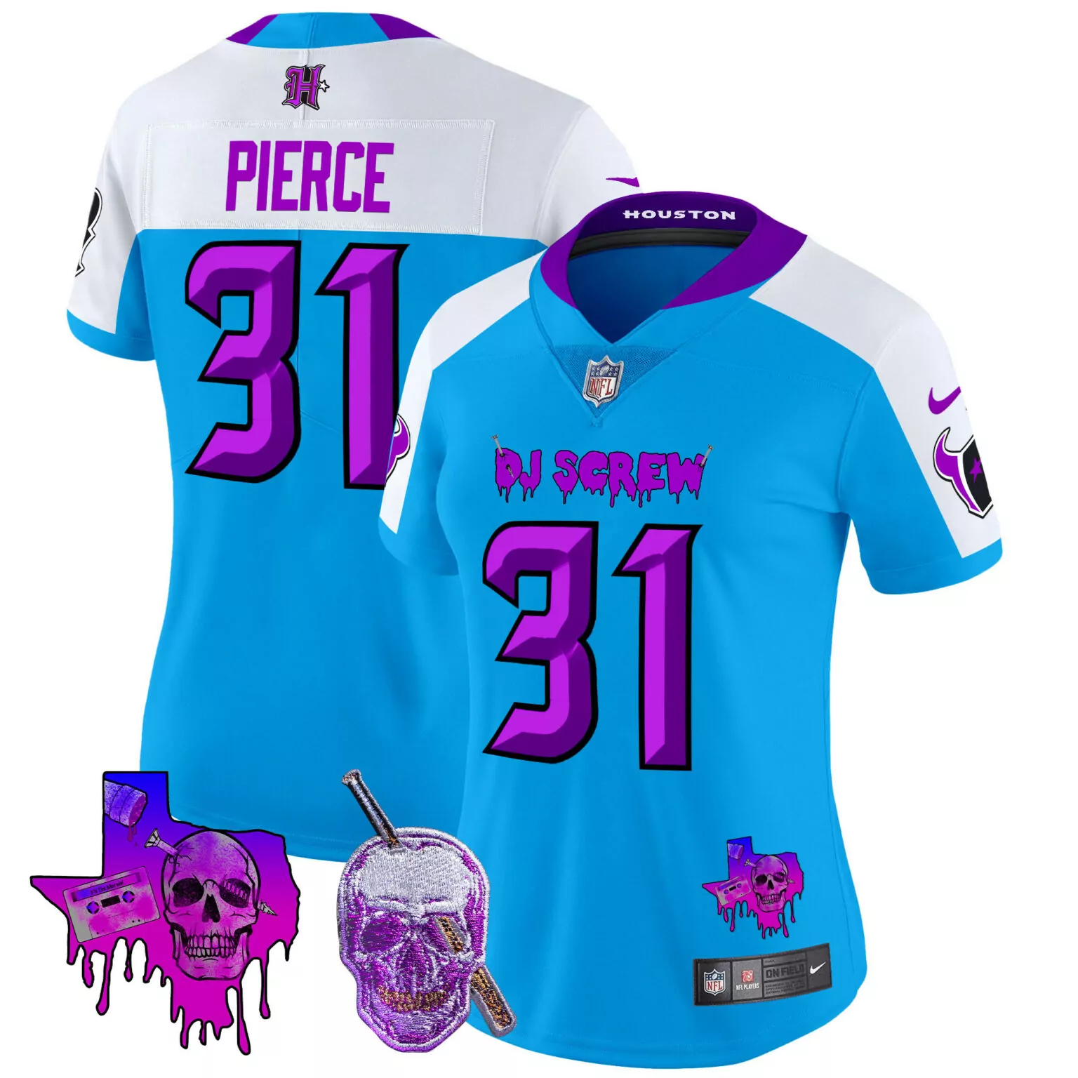 Dameon Pierce 31 Houston Texans Jersey Light Blue Dj Screw Texas Skull Dagger Men