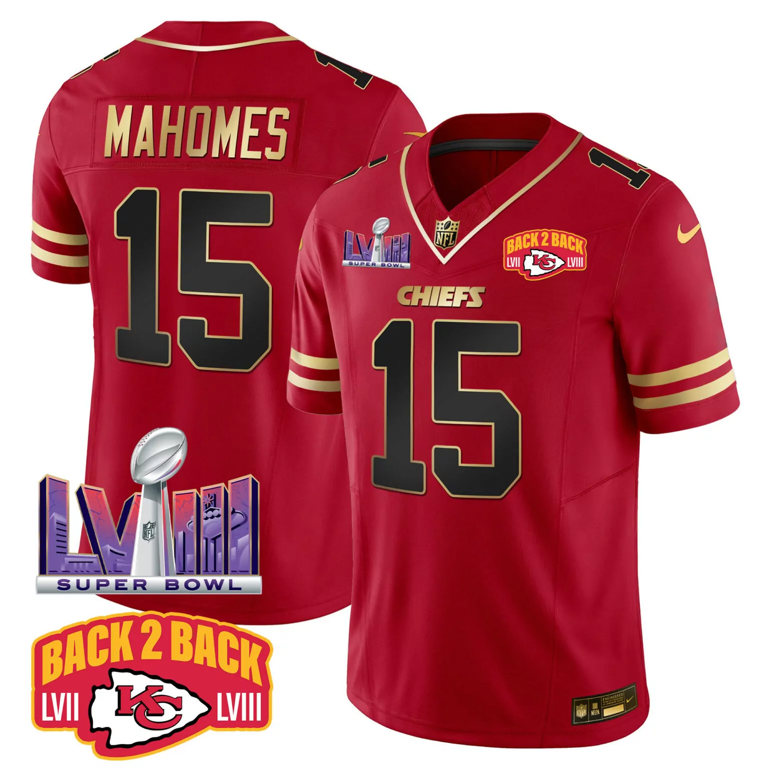 Patrick Mahomes 15 Chiefs Jersey Red Super Bowl Lvii/lviii Lviii To 2023 Men Gold