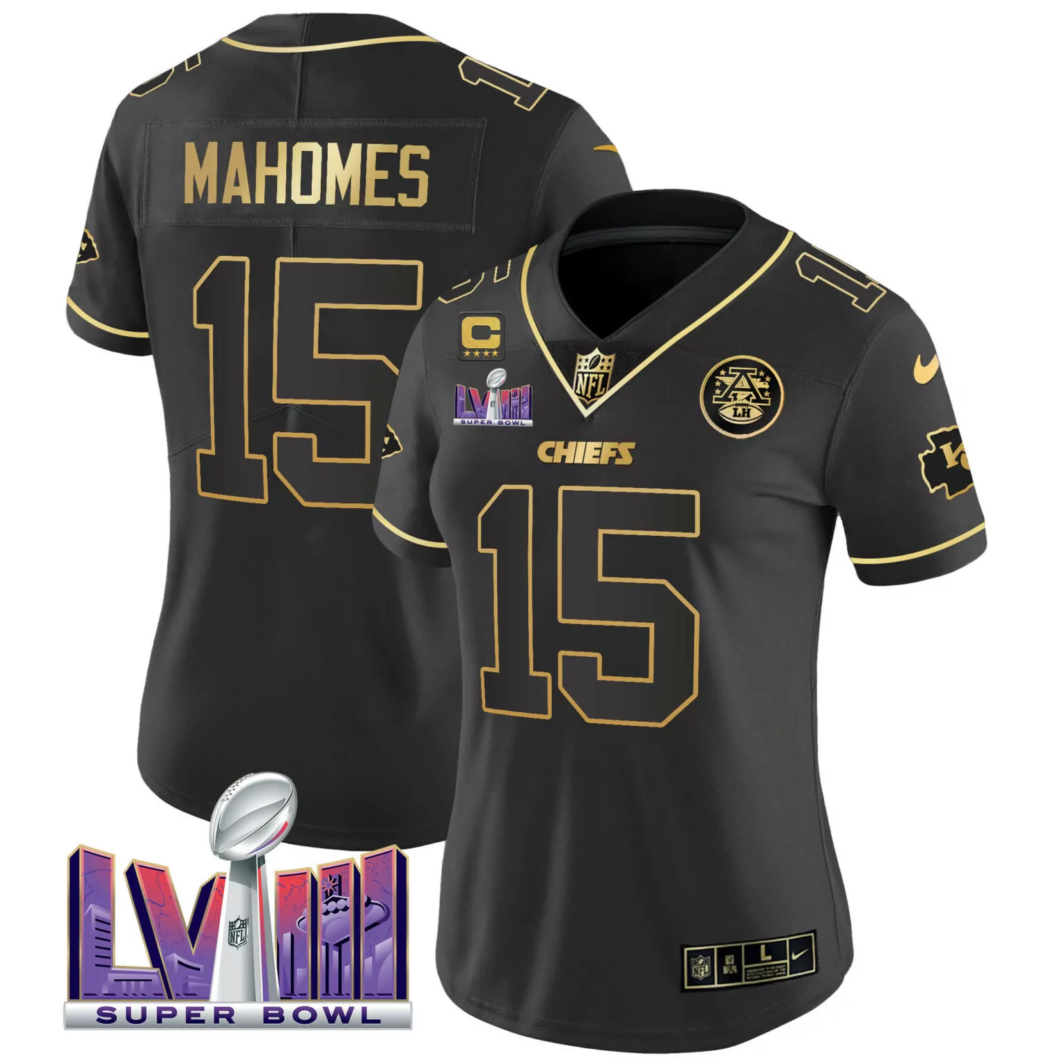 Patrick Mahomes 15 Chiefs Jersey Black Super Bowl Lviii Men Replica Gold v4 All Stitched