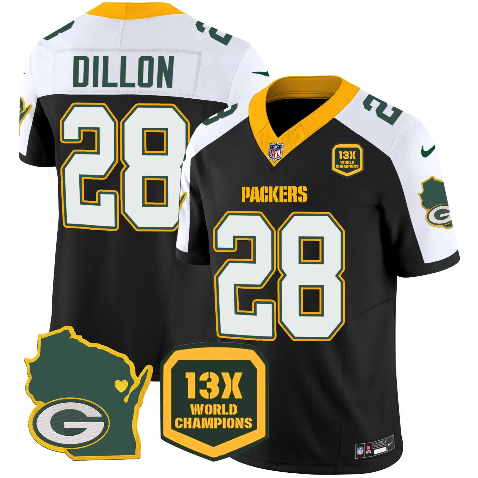 Aj Dillon 28 Packers Jersey Black 13X World Champions Badge Wisconsin Map Men Standard