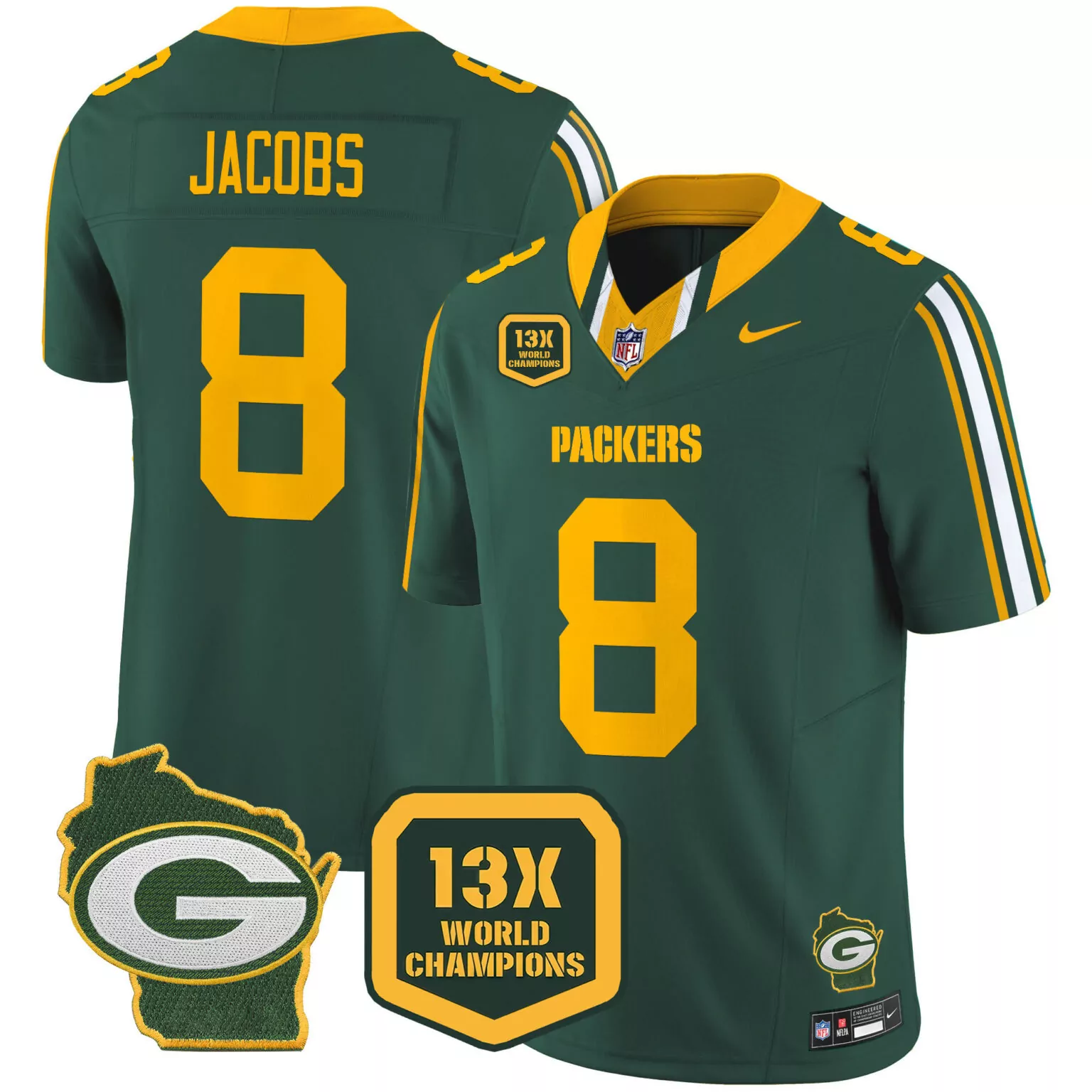 Josh Jacobs 8 Packers Jersey Green 13x World Champions Wisconsin State Outline Men