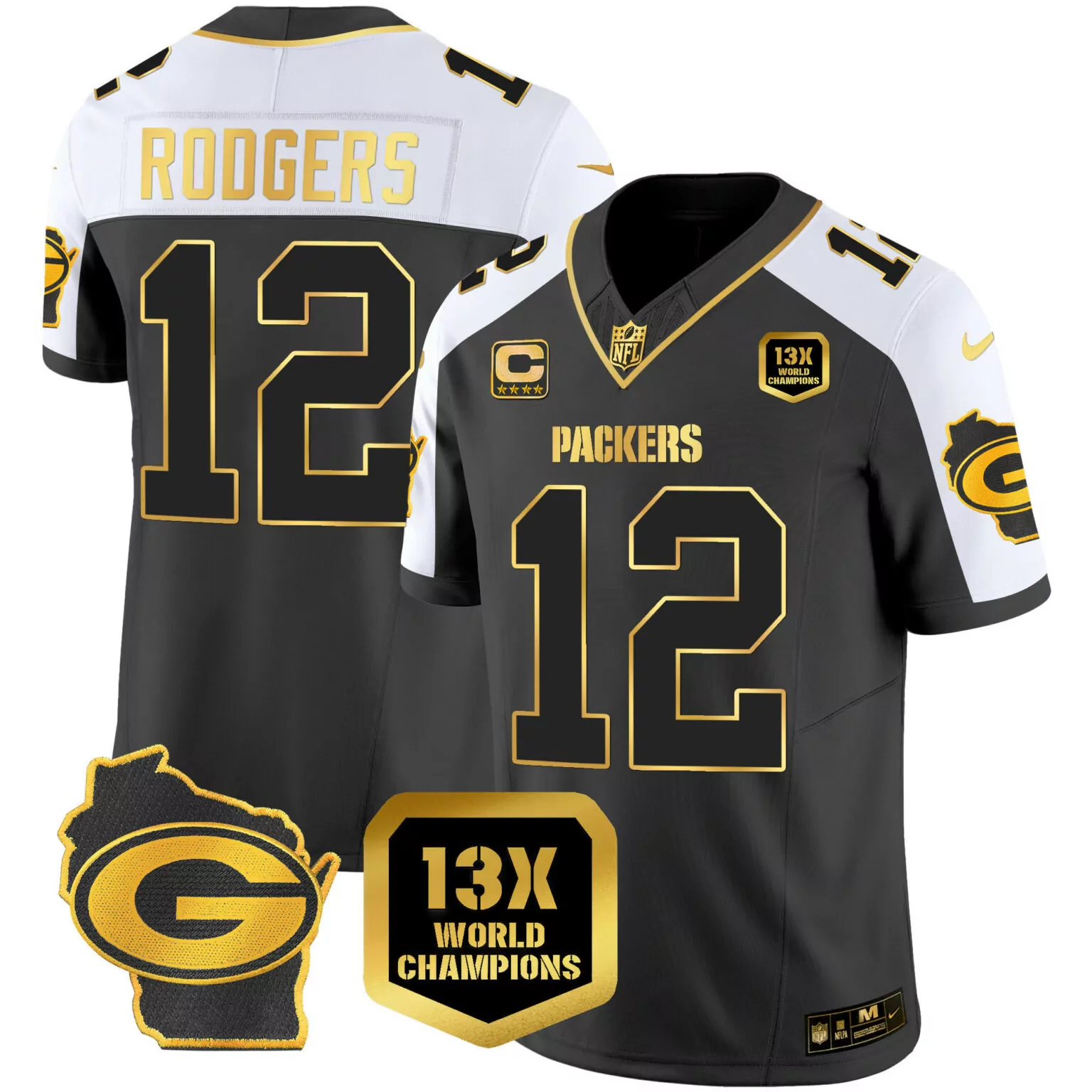 Aaron Rodgers 12 Packers Jersey Black 13X World Champions Wisconsin Badge Men Alternate