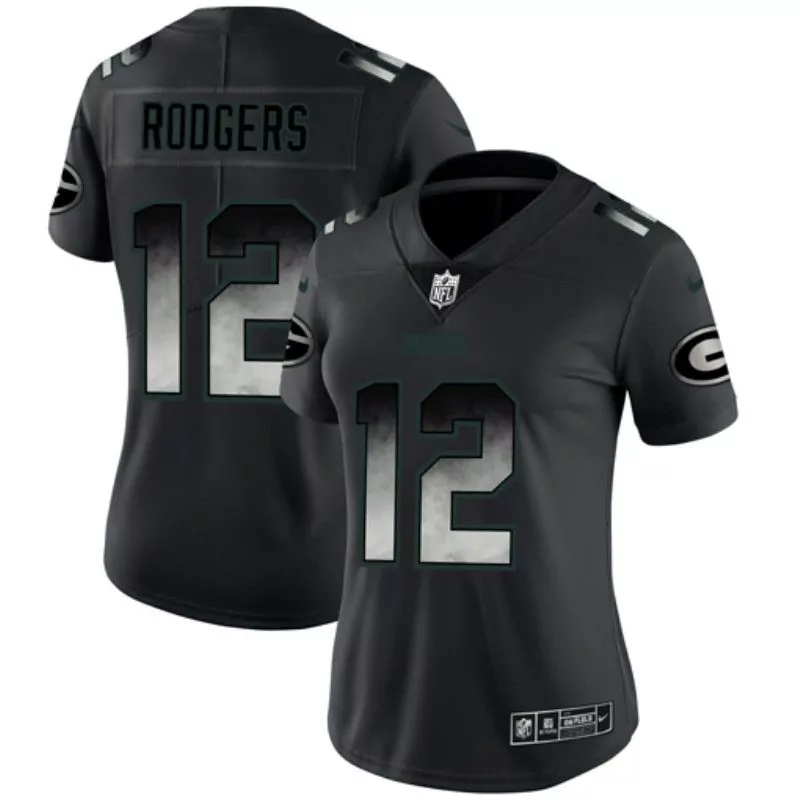 Aaron Rodgers 12 Jersey Black Green Bay Packers Women Replica Silver Vapor