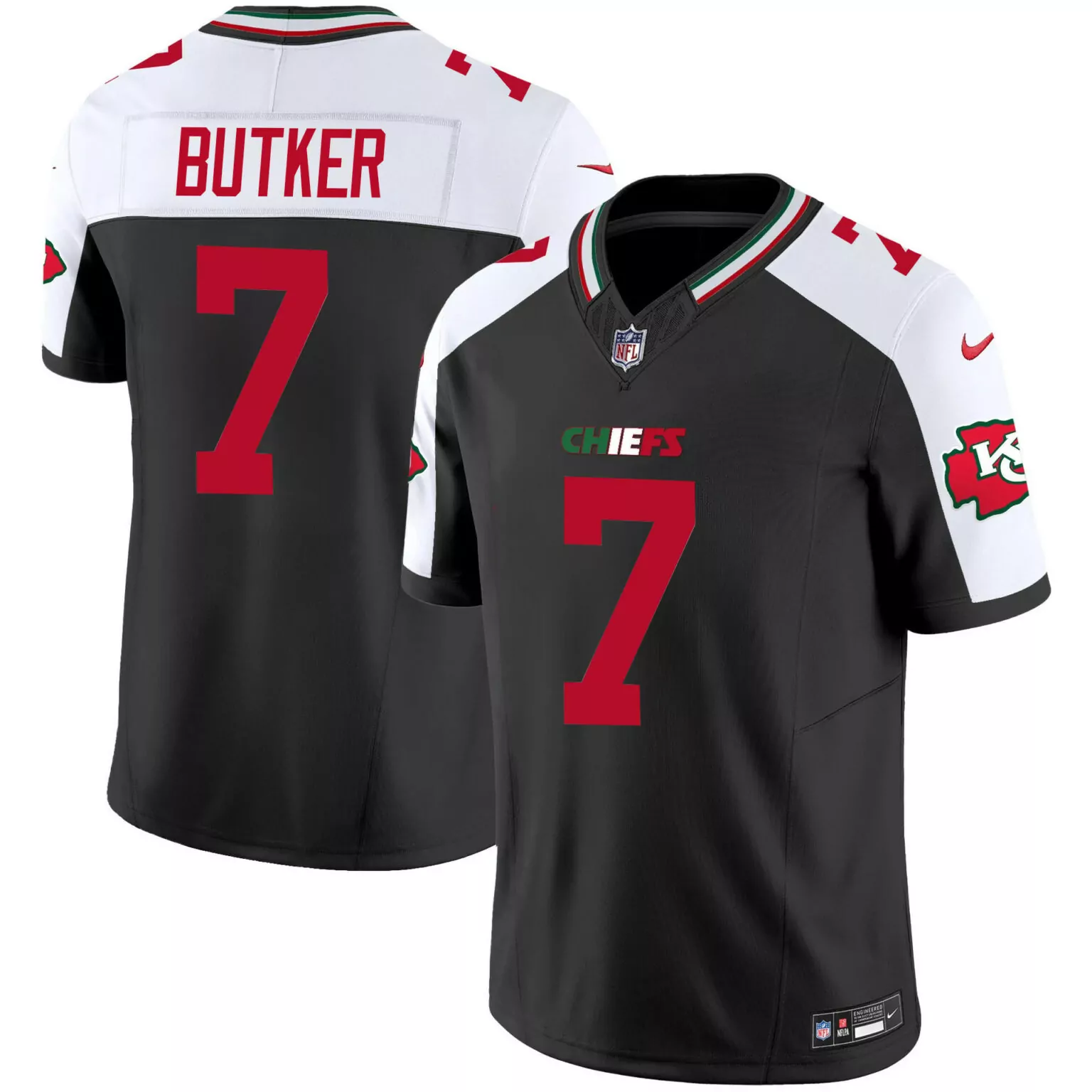 Harrison Butker 7 Chiefs Jersey Black Men Official Alternate White Red Green All