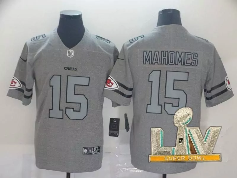 Patrick Mahomes 15 Chiefs Jersey Gray Super Bowl Liv Men T-shirt Black