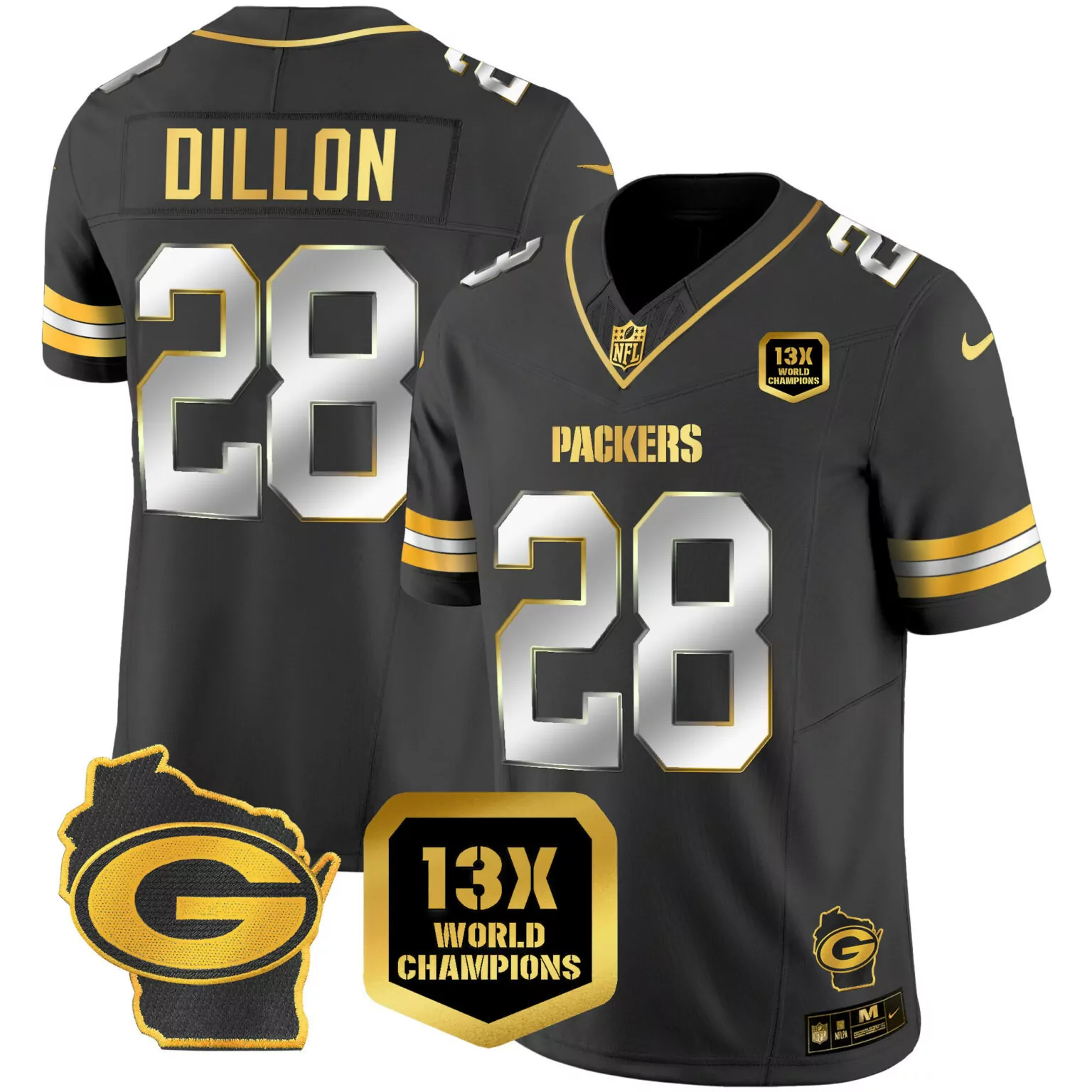 Aj Dillon 28 Packers Jersey Black 13X World Champions Wisconsin State Outline 'g'