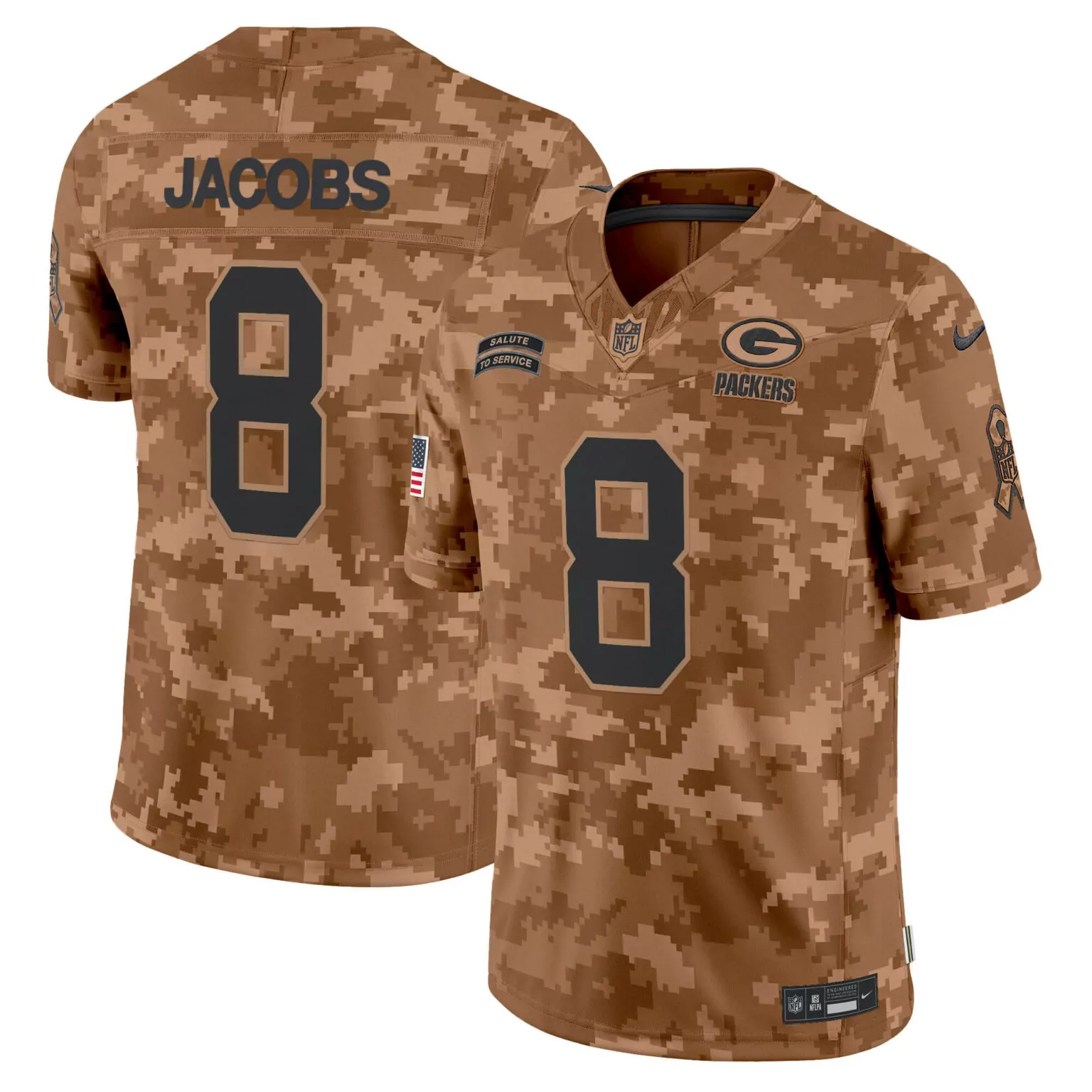 Josh Jacobs 8 Green Bay Packers Jersey Tan Salute To Service American Flag Men Alternate