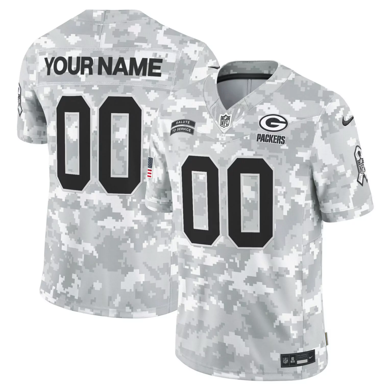 Custom Green Bay Packers Jersey White Salute To Service American Flag Men Digital Camouflage
