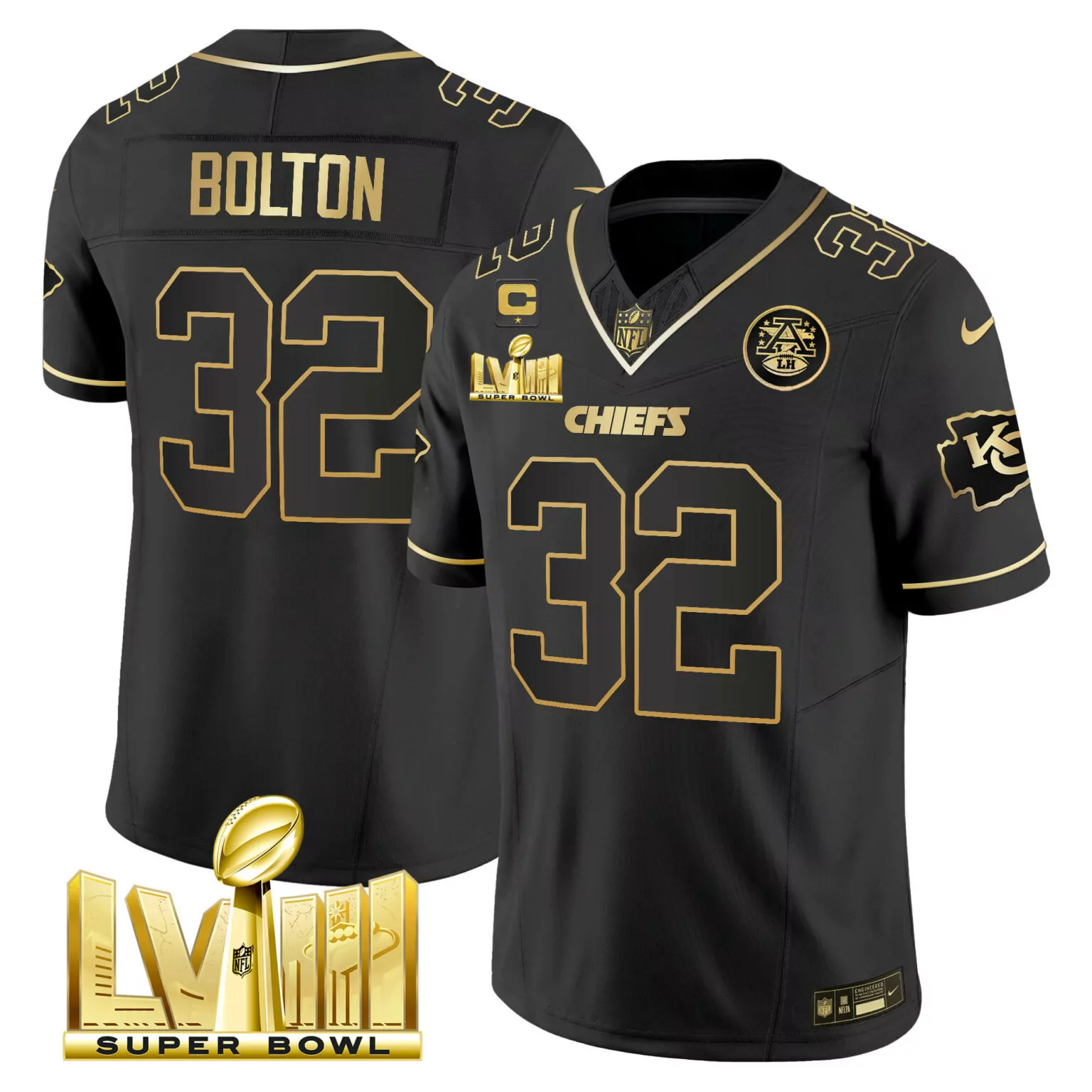 Nick Bolton 32 Chiefs Jersey Black Super Bowl Lviii Men Gold v4 All Stitched