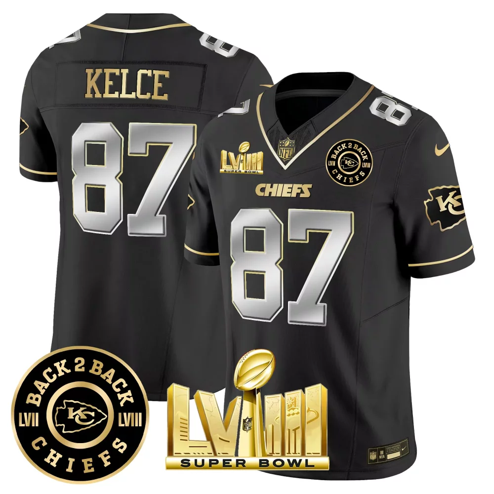 Travis Kelce 87 Chiefs Jersey Black Super Bowl Lviii Champions Lvii 2023 Men Replica
