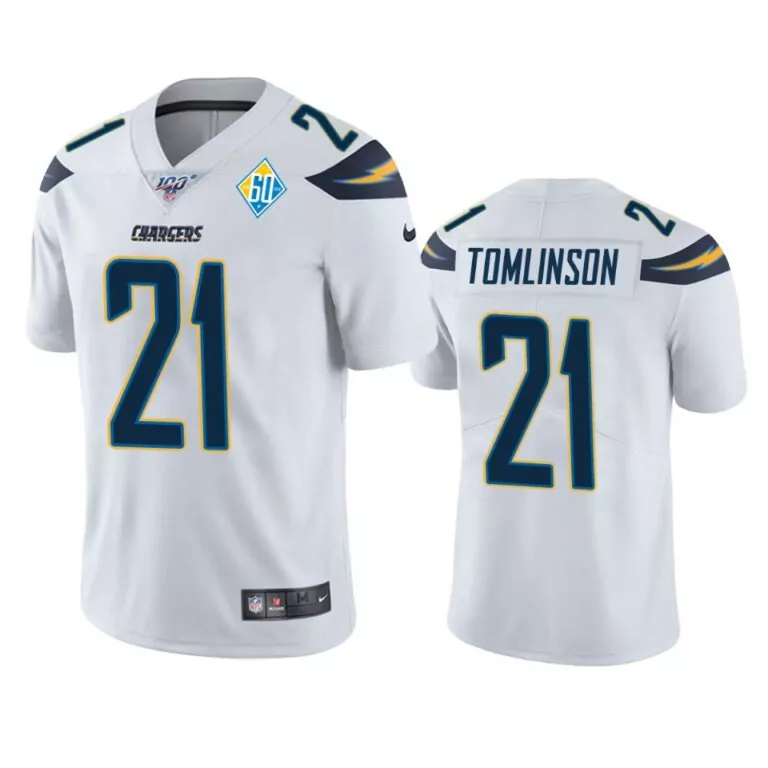 Ladainian Tomlinson 21 Chargers Jersey White 100th Season Men Standard Navy Blue
