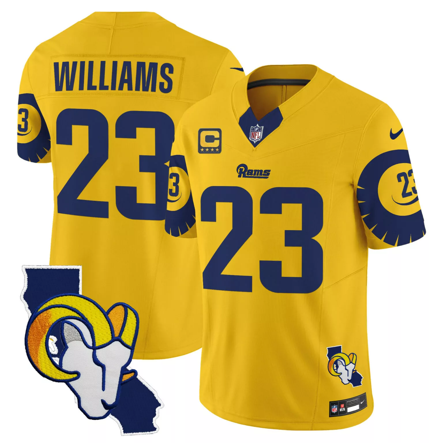 Kyren Williams 23 Rams Jersey Yellow California Ram Head Men Blue Navy v2 All Stitched