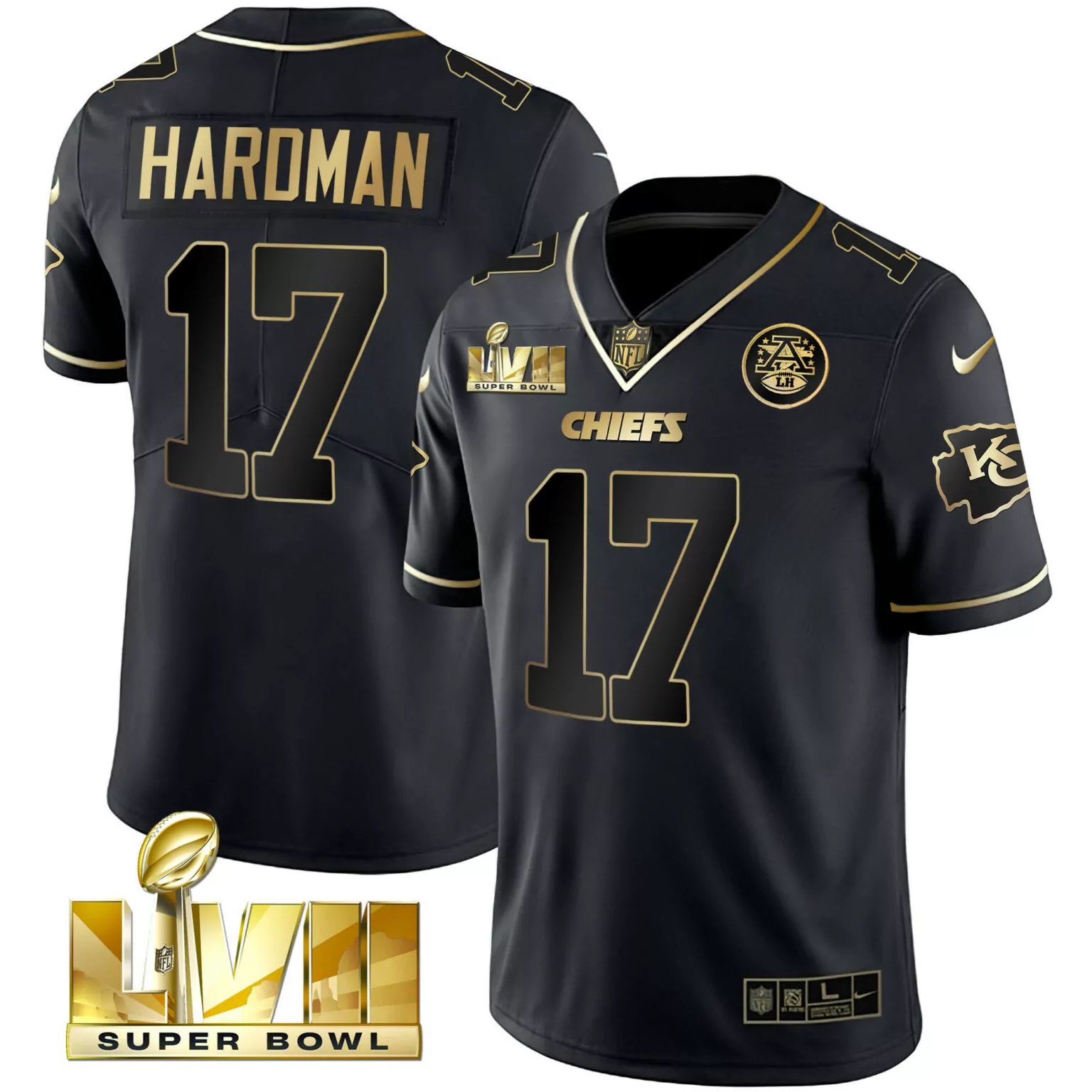 Mecole Hardman 17 Chiefs Jersey Black Super Bowl Lvii Men Replica Gold Vapor All